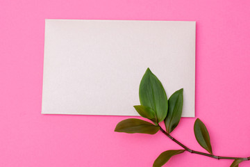 light pink envelope lies on a pink background with a green twig. close-up. place for text