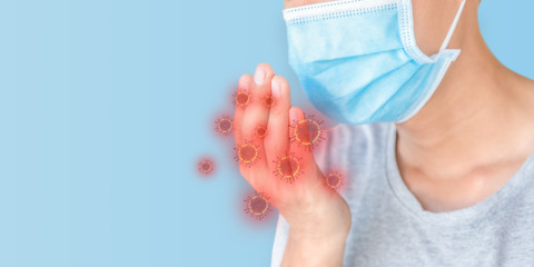Covid virus-19, the concept of healthcare and medicine, the spread of most viruses or bacteria from sneezing from secretions The idea of ​​wearing a mask to prevent virus infection.