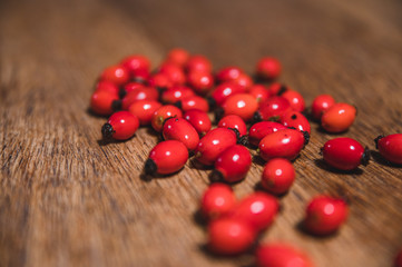Dark red rose hip on basket