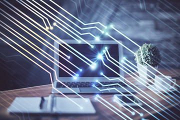 Technology theme drawing and work space with computer. Double exposure. Concept of innovation.