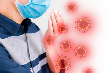 Covid virus-19, the concept of healthcare and medicine, the spread of most viruses or bacteria from sneezing from secretions The idea of ​​wearing a mask to prevent virus infection.