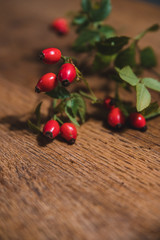 Dark red rose hip on basket