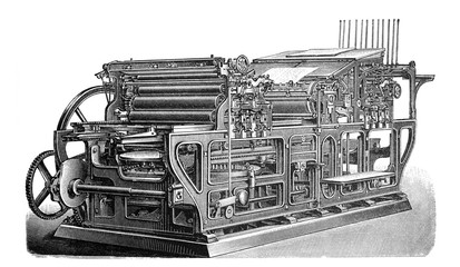 Antique automatic cylinder printing press /Old Antique illustration from Brockhaus Konversations-Lexikon 1908