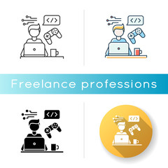 Game developer icon. Freelancer, game software programmer. Virtual reality and cyberspace creating, coding, computer programming. Linear black and RGB color styles. Isolated vector illustrations