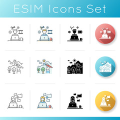 Remote works icons set. Video editing and design, data entry jobs. Illustrator and freelance manager, video editor. Linear, black and RGB color styles. Isolated vector illustrations