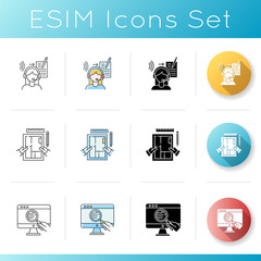 Distant jobs icons set. Freelance translator and interior designer. Web research, apartment designing, article writing. Linear, black and RGB color styles. Isolated vector illustrations