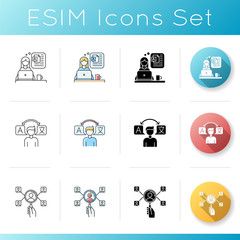 Freelance professions, data entry jobs icons set. Interpretation, blogging and HR management. Remote staff recruitment service. Linear, black and RGB color styles. Isolated vector illustrations