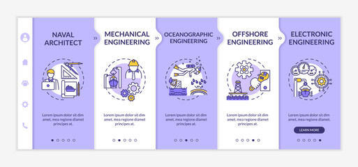 Marine engineering onboarding vector template. Offshore oil rig structure. Boat machinery repair. Responsive mobile website with icons. Webpage walkthrough step screens. RGB color concept