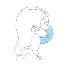 Woman wearing face mask for virus protection and personal health. Concept health care to avoid breathing in the toxic gasses, air  pollution, smoke. Vector illustration in outline style.