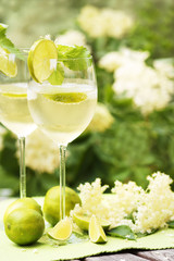 Cocktail Hugo with elder flowers, copy space