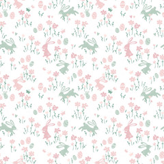 Cute hand drawn Easter seamless pattern with bunnies, Easter eggs and flowers. Great for Easter Cards, banner, wallpaper, textiles, wrapping- vector design