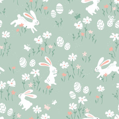 Fototapeta na wymiar Cute hand drawn Easter seamless pattern with bunnies, Easter eggs and flowers. Great for Easter Cards, banner, wallpaper, textiles, wrapping- vector design