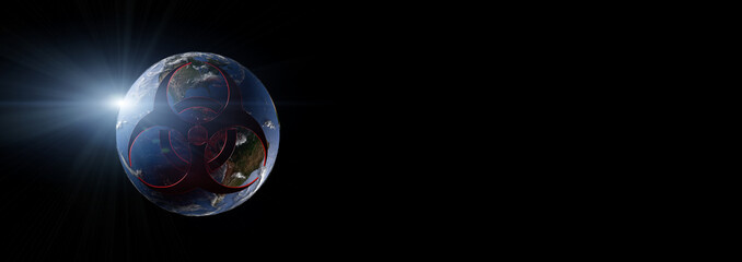 Biohazard symbol over earth in space. Concept of pandemic on earth. 3D rendering with copy space and light rays.