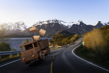 A wooden toy delivery truck on highway delivering parcels in a rush. Concept of delivery services. 3D rendering.