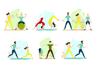 set with sports people. Flat vector illustration of boys and girls training in sports uniform and with sports equipment on abstract background.