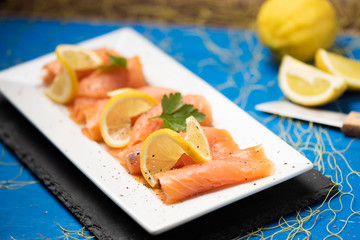 Close up of smoked salmon on a plate