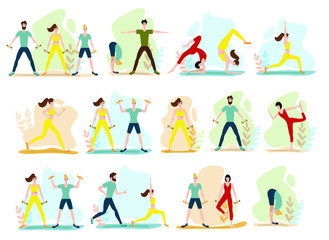 set with sports people. Flat vector illustration of boys and girls training in sports uniform and with sports equipment on abstract background.