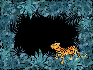 Horizontal rectangular dark frame template with watercolor tropical leaves and a tiger. Exotic hand painted illustration on black background.
