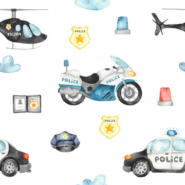 Watercolor seamless pattern with police helicopter, car, motorcycle and flashing lights