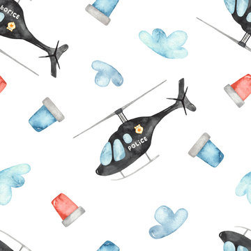 Watercolor seamless pattern with police helicopter and flashing lights