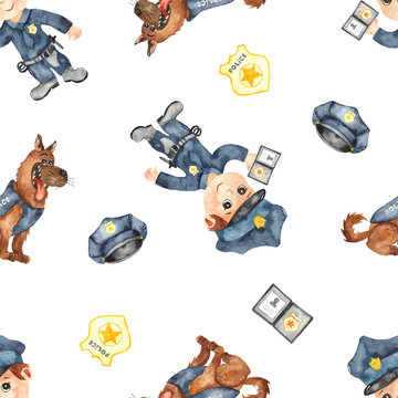 Watercolor seamless pattern with police officer, dog, badge, police cap