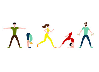 set with sports people. Flat vector illustration of boys and girls training in sports uniforms and with sports equipment on a white background.