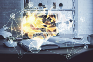 Double exposure of table with computer and brain hologram. Data innovation concept.