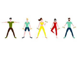 set with sports people. Flat vector illustration of boys and girls training in sports uniforms and with sports equipment on a white background.