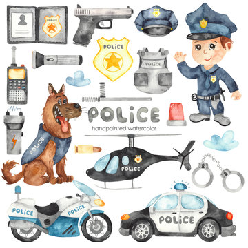 Watercolor set with police helicopter, car, motorcycle, police officer and police equipment