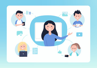 Online Distance School. Teacher and Students. Blended and Flipped Learning Education Concept Vector Illustration