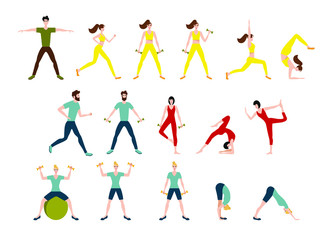 Fototapeta na wymiar set with sports people. Flat vector illustration of boys and girls training in sports uniforms and with sports equipment on a white background.