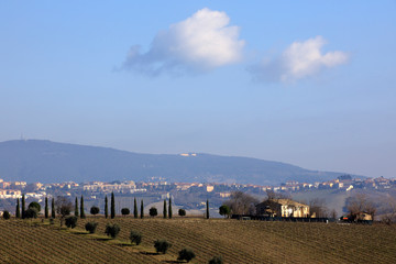 Ancona, Italy - January 1, 2019: A typical landscape in Marche country, Ancona, Marche, Italy