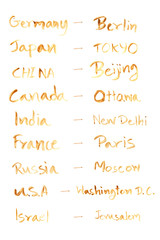 Countries and capitals of Germany, USA, Japan, Canada, China, Russia and Israel. Hand drawn brush lettering by coffee stains.