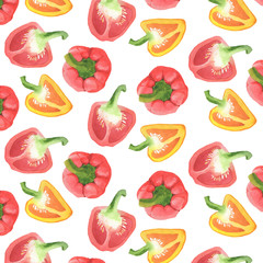 Watercolor pattern of red and yellow peppers on a white background