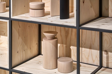 Closeup view at shelves with geometric wood blocks