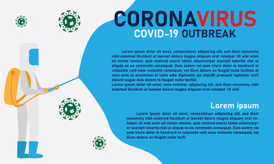 Coronavirus Info graphic with A man in protective Suit and Spray blue text space for your data. flat vector cartoon design.