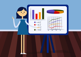 Woman presenting on flipchart in office. Front view. Colorful cartoon vector illustration