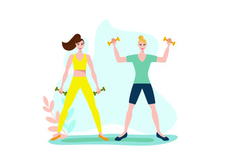 girls play sports. Flat vector illustration of women training in sports uniform and with sports equipment 
