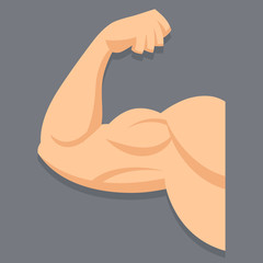 Strong arm with contracted biceps. Muscle in cartoon style. Gym logo.