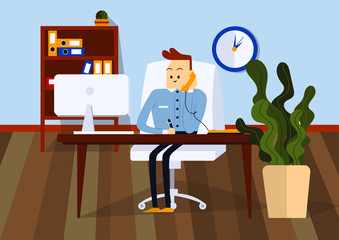 Businessman sitting on office chair at a computer desk. He is talking on the phone and writes with a pen on paper. Front view. Color vector cartoon illustration