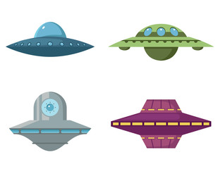 Set of various flying saucers. UFO in cartoon style isolated on white background.