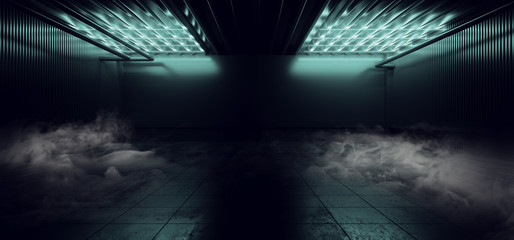 Obraz premium Sci Fi Futuristic Smoke Background Concrete Cement Blue Electric Neon Led Laser Glowing Lights Dark Night Studio Showcase Hallway Warehouse Stage Podium Cyber 3D Rendering