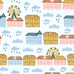 Seamless pattern with abstract city life, houses, clouds.