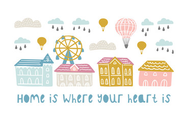 Illustration with abstract city life, houses, balloons and floral elements.