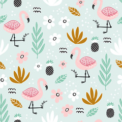 Seamless pattern with flamingo and hand-drawn elements © Кристина Тутанова