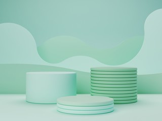 Minimal scene with podium and abstract background. Geometric shapes. Pastel colors scene. Minimal 3d rendering. Scene with geometrical forms and textured background for cosmetic product. 3d render. 