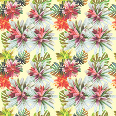 Exotic plants with monstera leaves, seamless pattern.