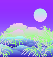 Fototapeta na wymiar Ambient oriental landscape with sunset above the mountains or hills and tropical palm leaves on foreground in neon vibrant colors. Retrowave cartoon or anime style.