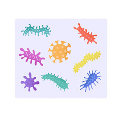 Vector set of microbe illustration in semi flat colorful style. Free hand drawing icons of germs. Microorganism with increasing. Fictional bacteria. Virus under the microscope. Symbol of infection.