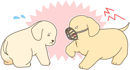 ゴールデンレトリバーの子犬（口輪をした子犬が他の子犬に襲い掛かる）